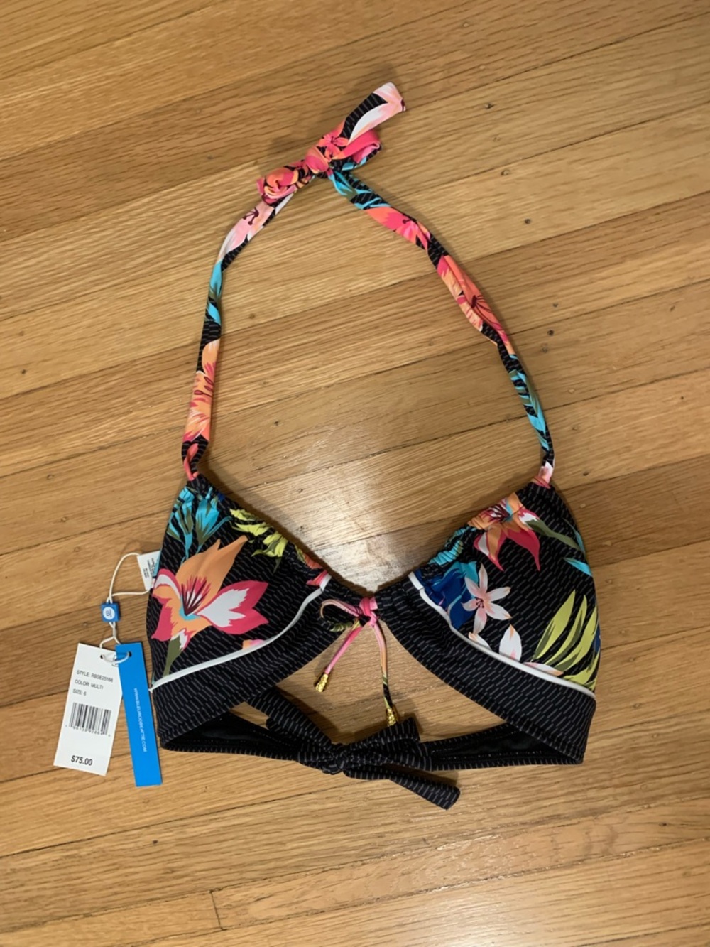 NWT Bleu Rod Beattie Black Multicolor Triangle Bikini Top with Halter Ties SZ 6 - Picture 7 of 11
